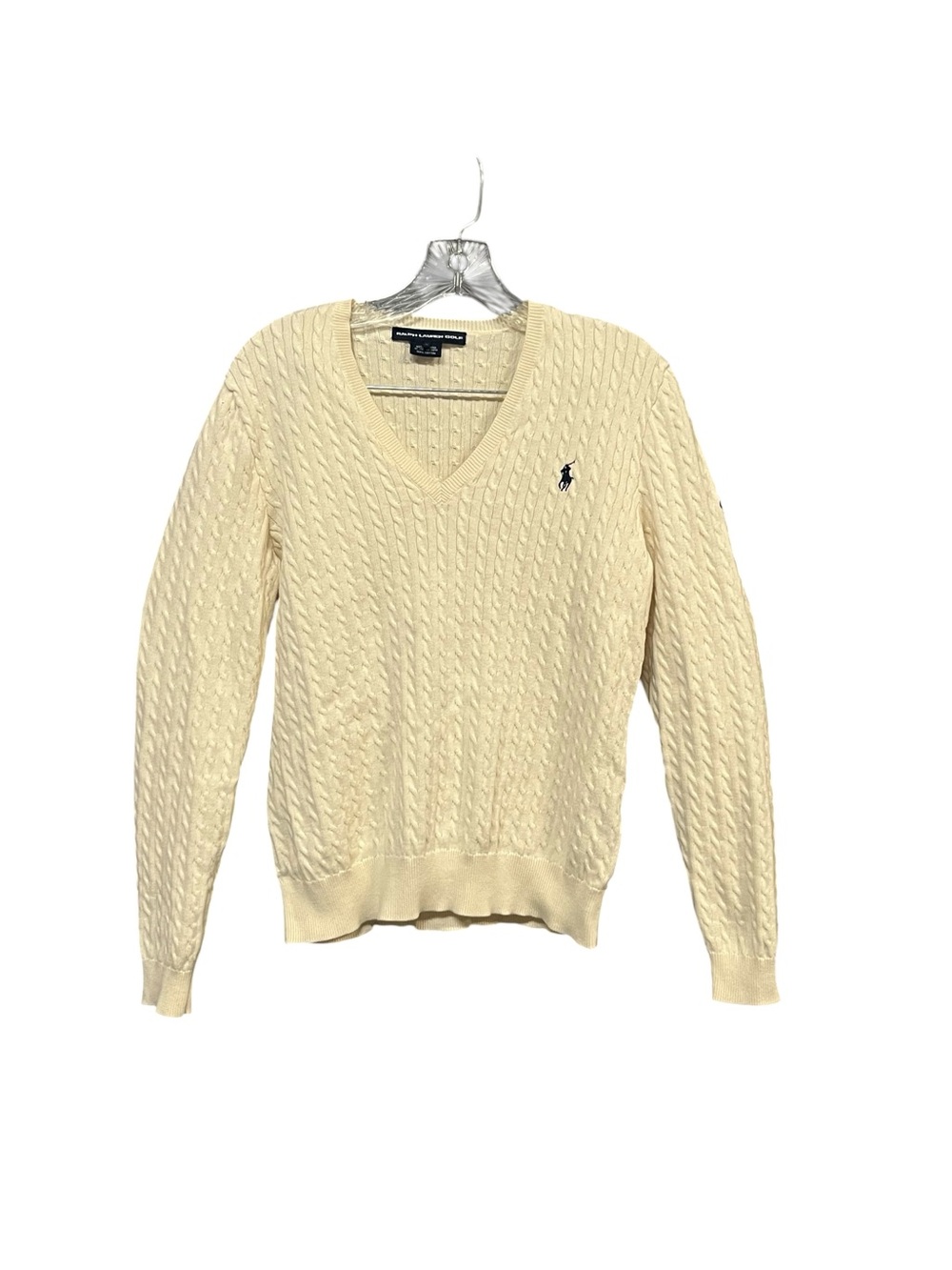 Ralph Lauren Golf Cable Knit Sweater Women’s L Cream V Neck Cotton 1925 Crest